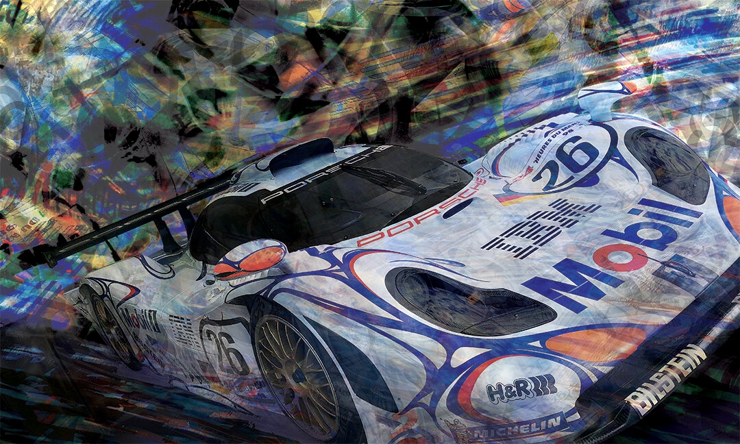 Victorieuse Porsche 911 GT1 en 1998 | Oeuvre Caroline LLONG | Pilotes Stéphe Ortelli Laurent Aiello Allan McNish | Artiste officielle des 24h du Mans | Art automobile