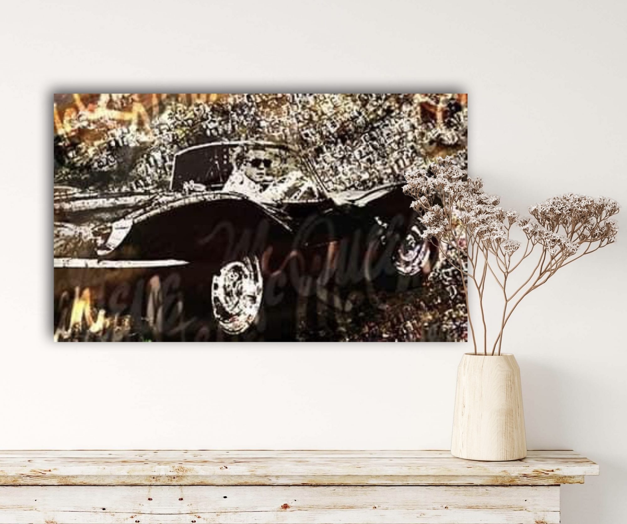 Oeuvre Jaguar XK SS & Steve Mc Queen - artiste Caroline LLONG - art automobile - tableau Jaguar