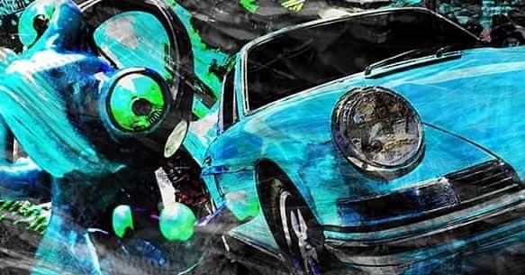 Oeuvre Porsche 911 & grenouille - artiste Caroline LLONG - art automobile - tableau Porsche - fournisseur officiel de la fédération des clubs Porsche de France