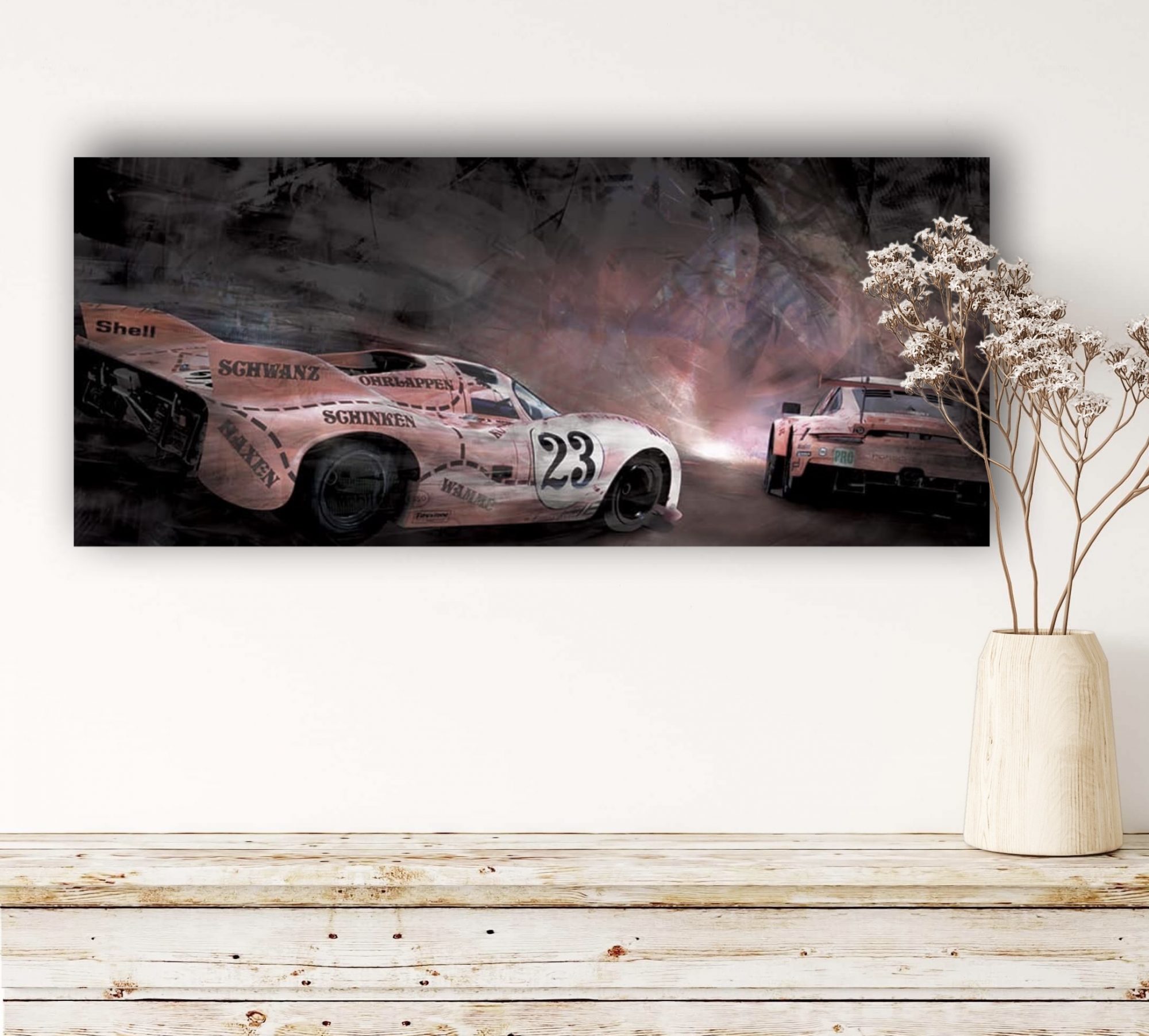 Oeuvre Porsche | Pink Pig | 917 & 991RSR | Caroline LLONG | Artiste officielle des 24h du Mans | tableau | Fournisseur officiel de la f&édération des clubs Porsche de France