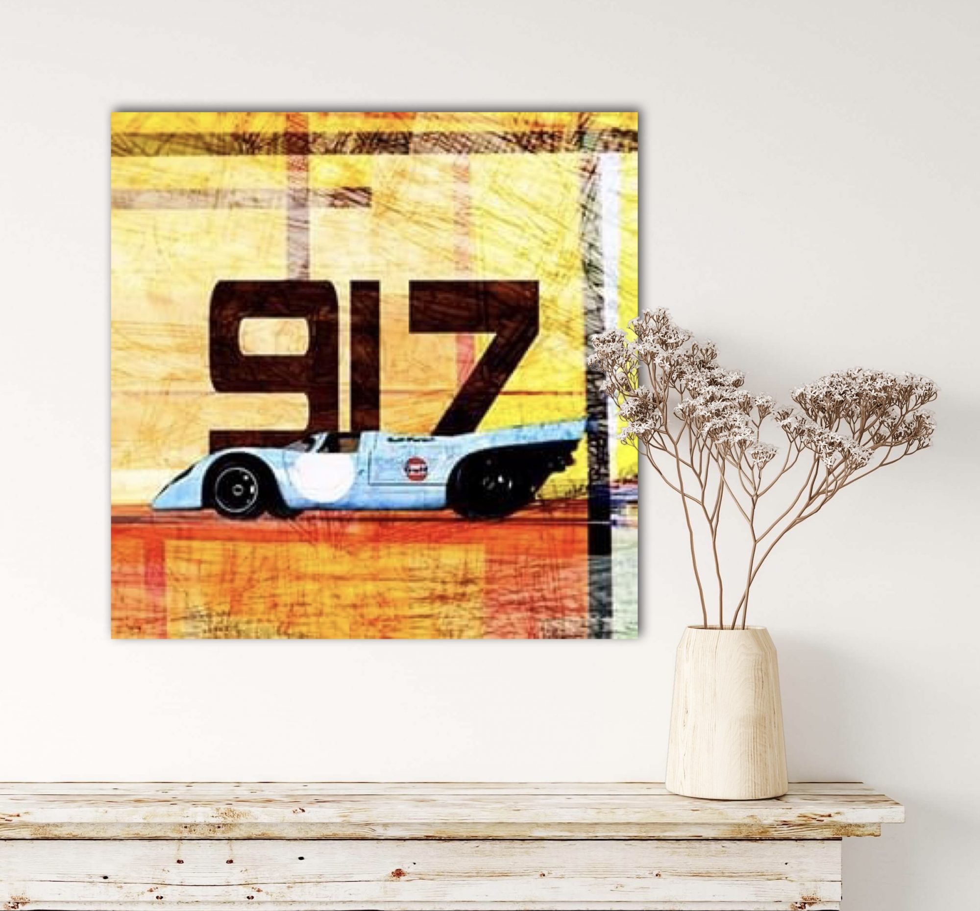 Oeuvre Porsche 917 gulf | artiste Caroline LLONG | art automobile | tableau Porsche | fournisseur officiel de la fédération des clubs Porsche de france