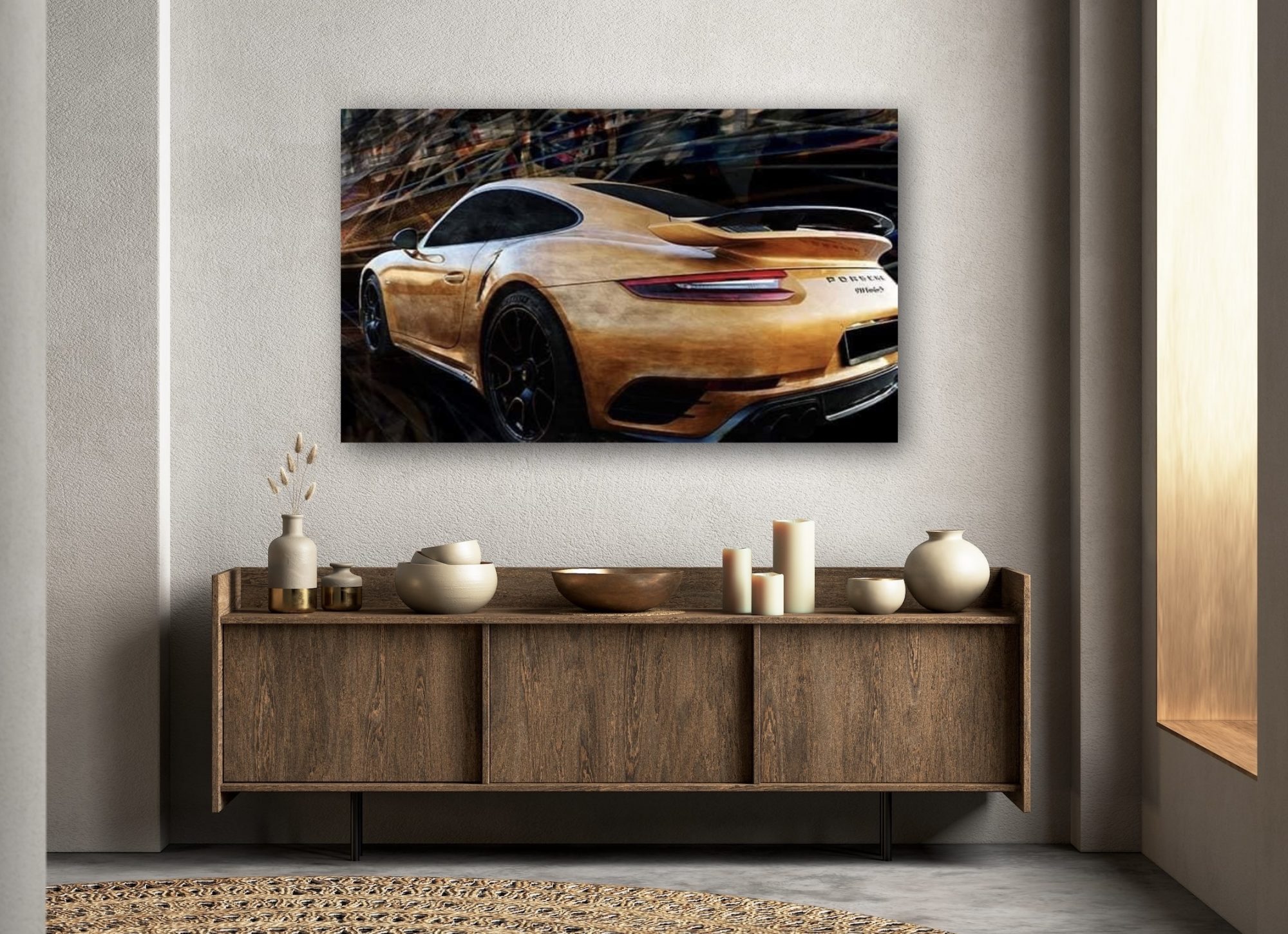 Oeuvre Porsche 911 | 991 turbo S | Exclusive Gold | artiste Caroline LLONG | fournisseur officiel de la fédération des clubs Porsche de France | art automobile | tableau Porsche