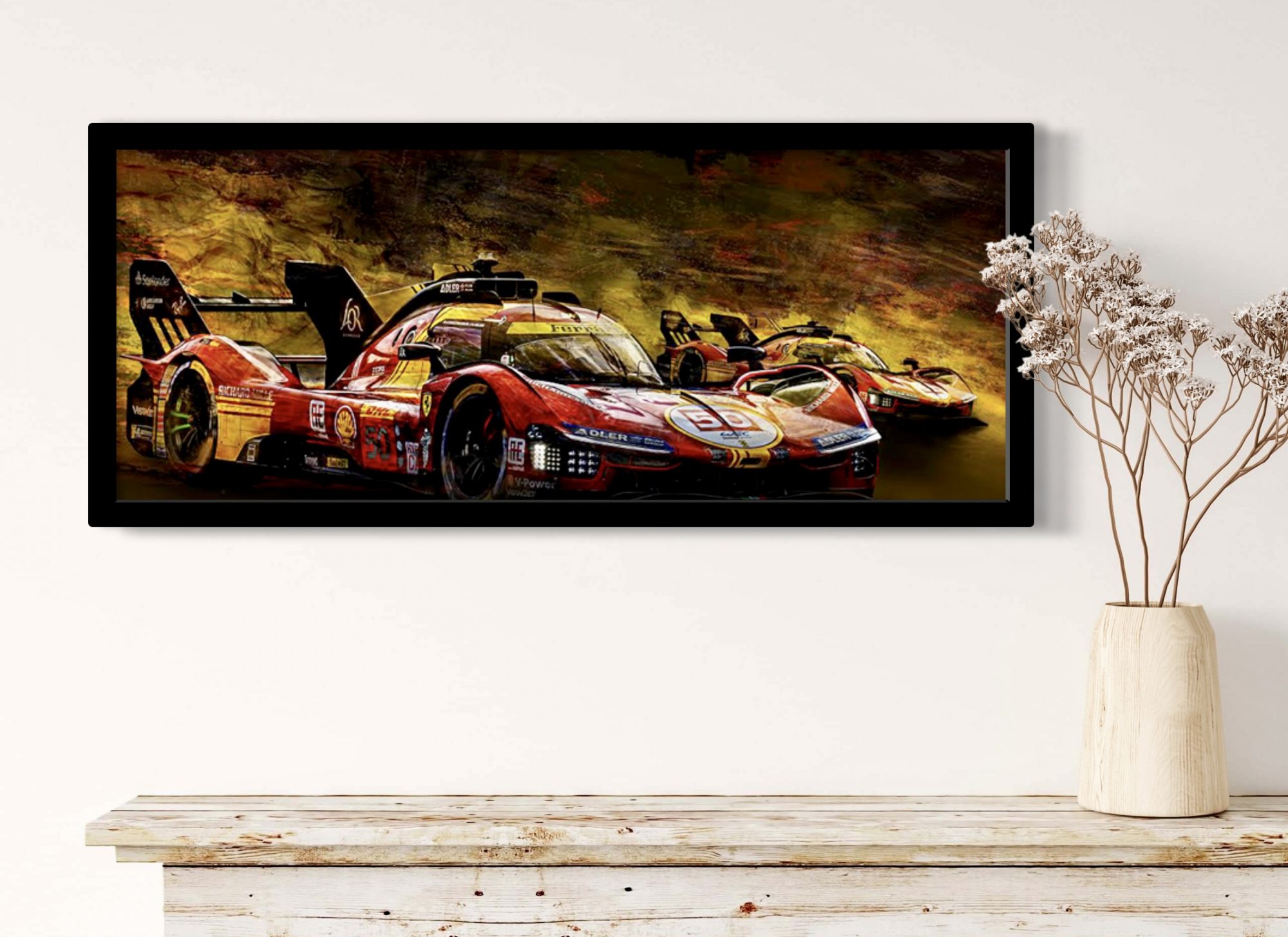 Oeuvre Ferrari 499P 2024 - Caroline LLONG - Artiste officielle des 24h du Mans - art automobile - reproduction alu dibond avec caisse américaine
