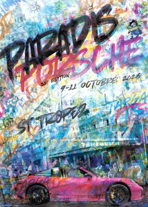 AFFICHE PORSCHE REALISEE PAR CAROLINE LLONG - Paradis Porsche 2026 - Porsche Club Méditerranée - création street art